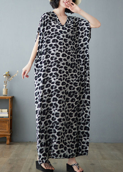 Italian Grey Leopard Print Oversized Linen Maxi Dress Summer LY0893