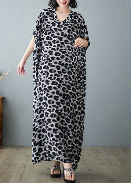Italian Grey Leopard Print Oversized Linen Maxi Dress Summer LY0893