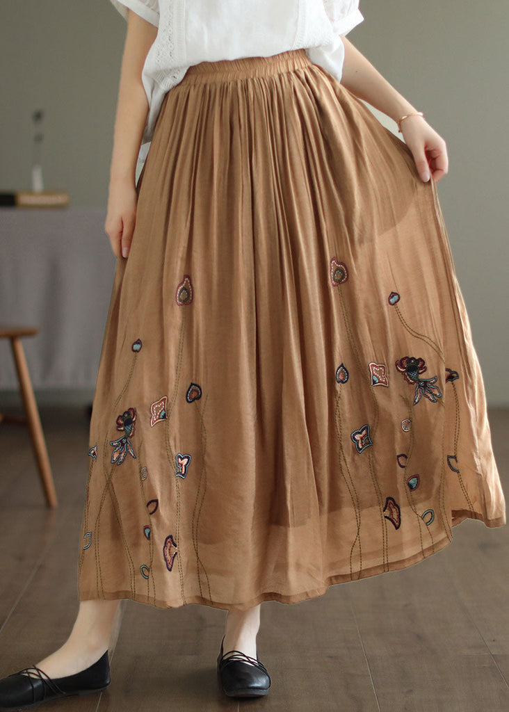 Italian Khaki Embroideried Exra Large Hem Linen Silk Skirts Spring TG1027