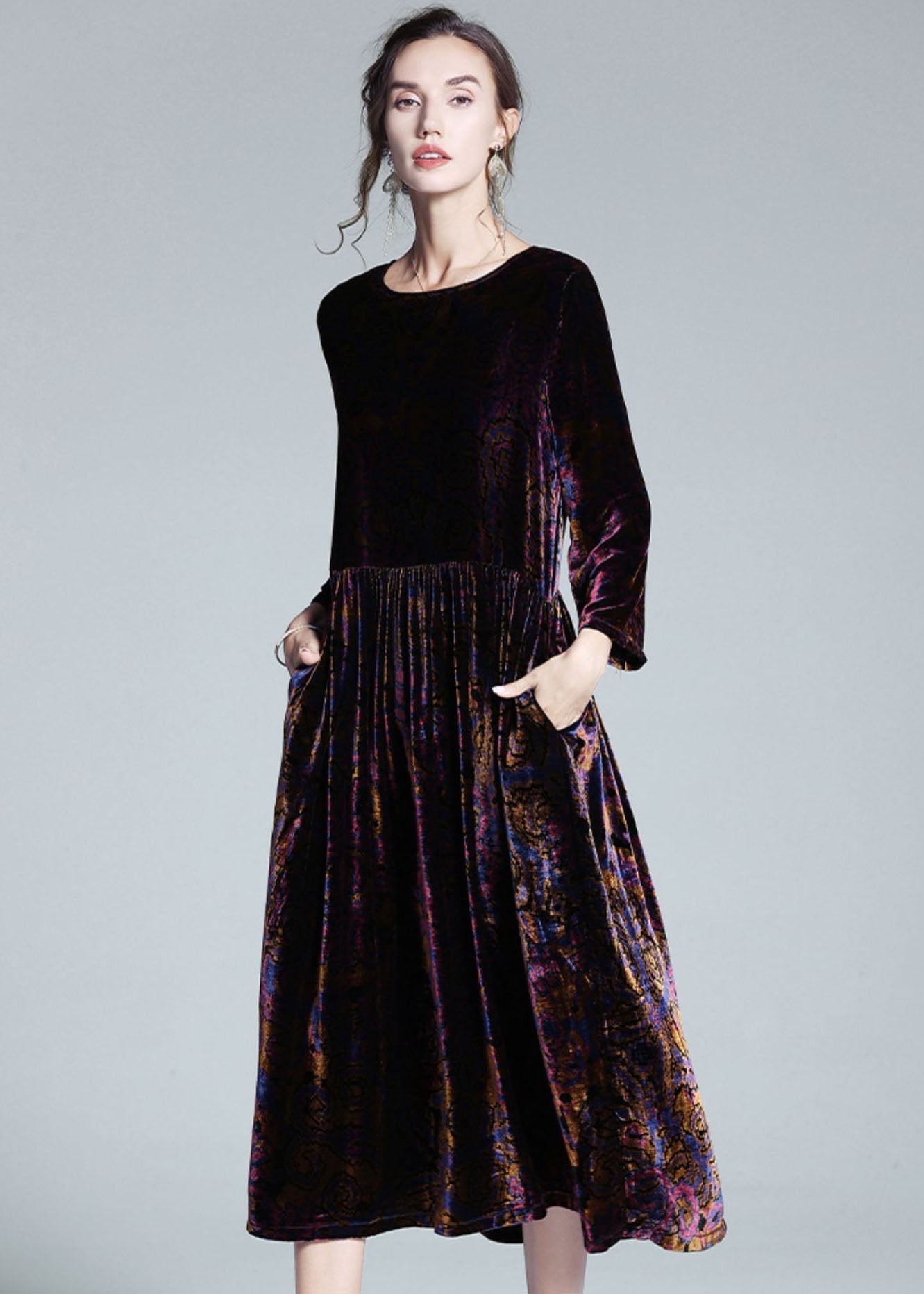 Italian Multi O Neck Patchwork Wrinkled Velour Long Dress Spring LY1062