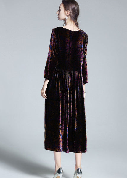 Italian Multi O Neck Patchwork Wrinkled Velour Long Dress Spring LY1062