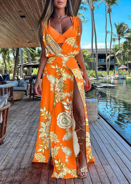 Italian Navy Blue V Neck Asymmetrical Print Tunic Side Open Maxi Dress Summer LY1938