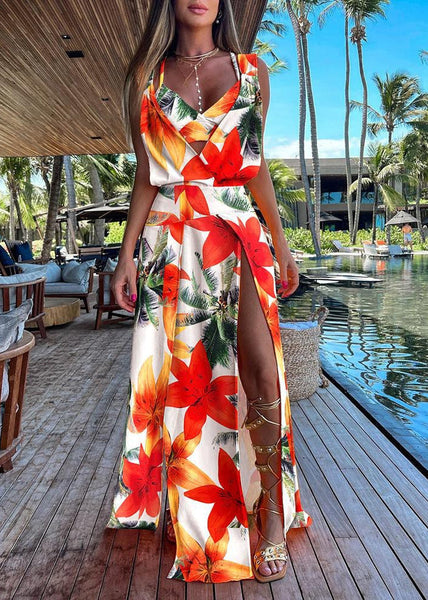 Italian Navy Blue V Neck Asymmetrical Print Tunic Side Open Maxi Dress Summer LY1938