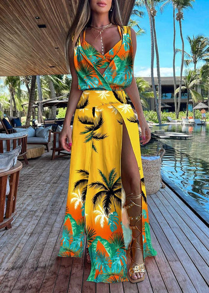 Italian Navy Blue V Neck Asymmetrical Print Tunic Side Open Maxi Dress Summer LY1938