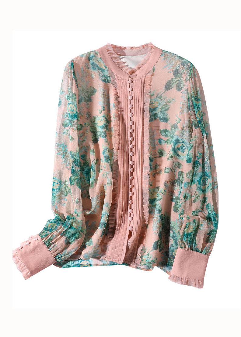 Italian Pink Ruffled Print Patchwork Silk Shirts Spring LY0114