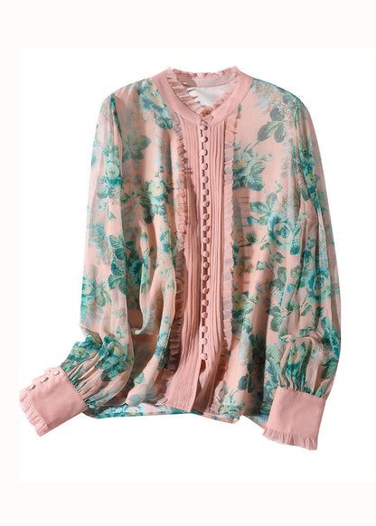 Italian Pink Ruffled Print Patchwork Silk Shirts Spring LY0114