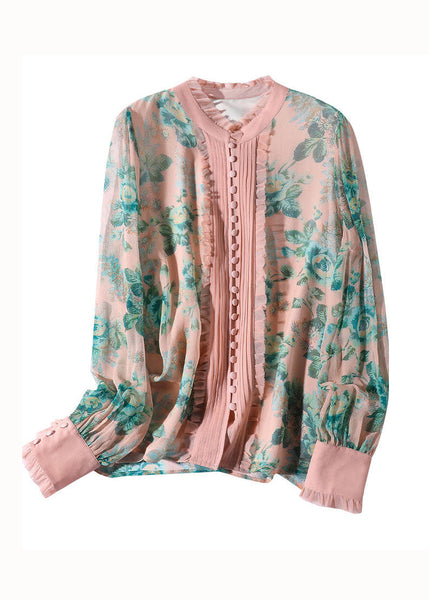 Italian Pink Ruffled Print Patchwork Silk Shirts Spring LY0114