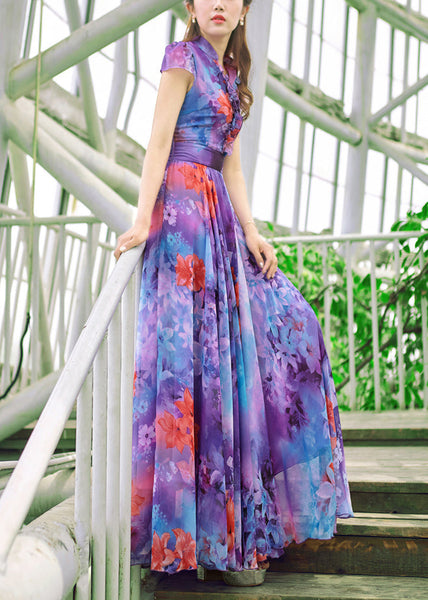 Italian Purple Stand Collar Print Chiffon Maxi Beach Dresses Summer LY1728