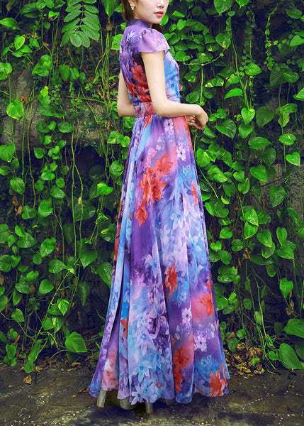 Italian Purple Stand Collar Print Chiffon Maxi Beach Dresses Summer LY1728