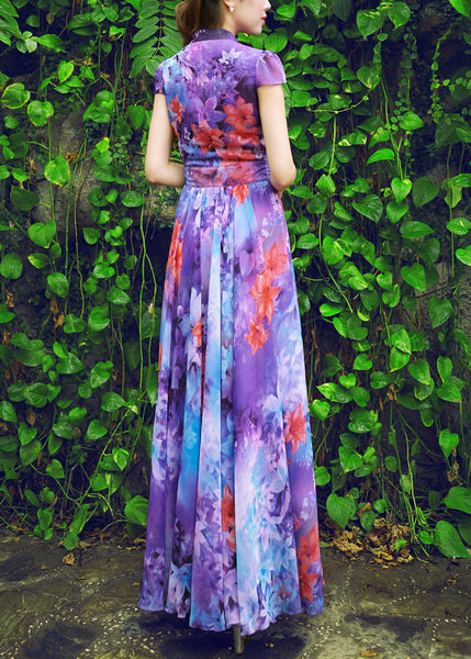 Italian Purple Stand Collar Print Chiffon Maxi Beach Dresses Summer LY1728