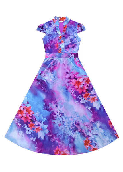 Italian Purple Stand Collar Print Chiffon Maxi Beach Dresses Summer LY1728