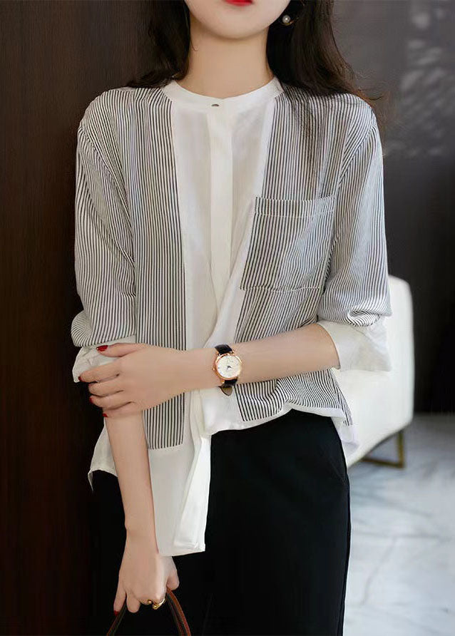 Italian Striped Stand Collar Patchwork Chiffon Shirt Top Spring TQ1055