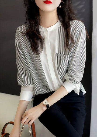 Italian Striped Stand Collar Patchwork Chiffon Shirt Top Spring TQ1055