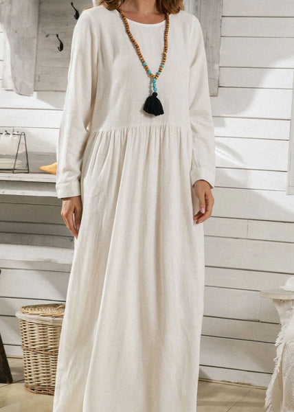 Italian White O Neck Wrinkled Exra Large Hem Cotton Dresses Spring LC0446