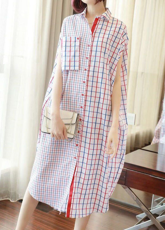 Italian White Oversized Patchwork Plaid Cotton Shirt Dress Summer LY1409