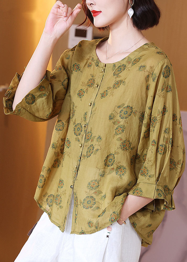 Italian Yellow O Neck Print Wrinkled Patchwork Linen Shirt Tops Summer TP1054