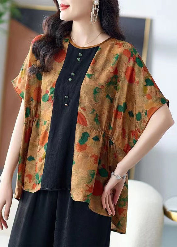 Italian Yellow Print Wrinkled Patchwork Silk T Shirt Top Summer TF1024