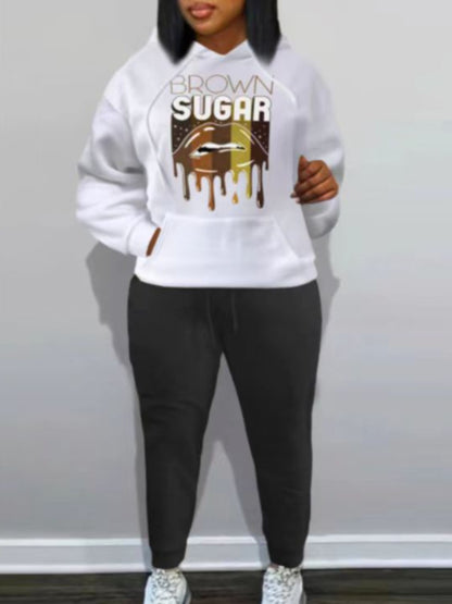 Plus Size Lip Letter Print Kangaroo Pocket Tracksuit Set BO1113