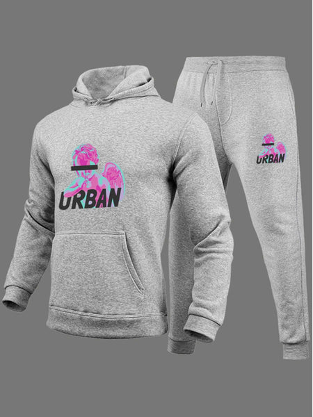 Men Figure Letter Print Kangaroo Pocket Tracksuit Set BO2142