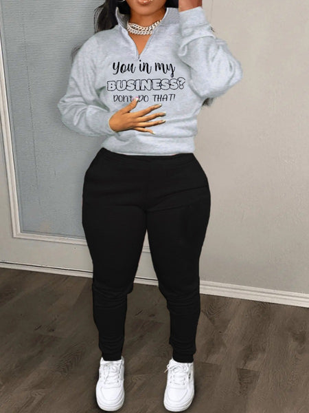 Plus Size Letter Print Zipper Design Pants Set AT9021