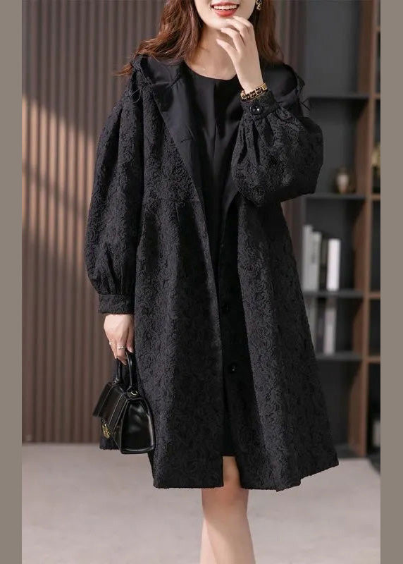 Jacquard Black Button Hooded Long Coats Jacket LY1741