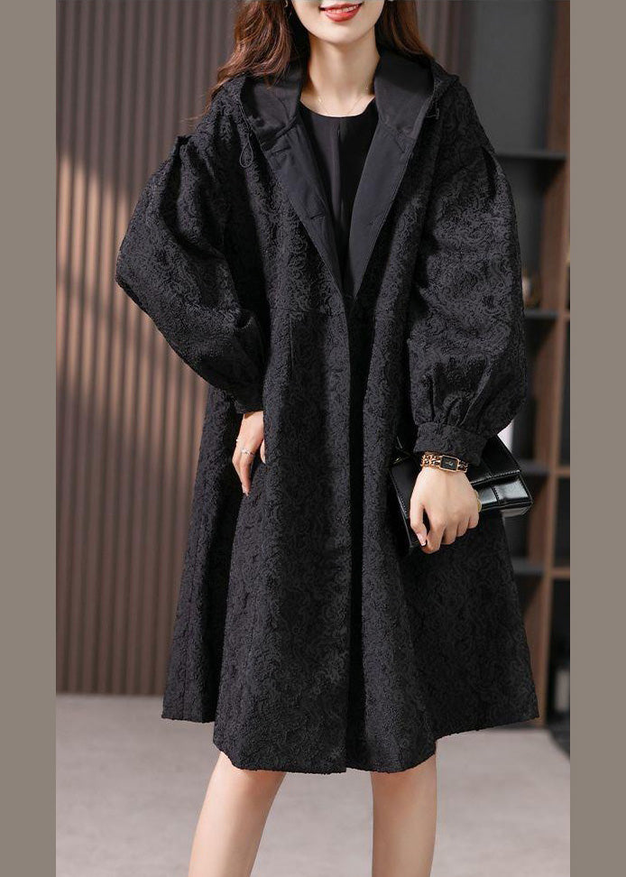 Jacquard Black Button Hooded Long Coats Jacket LY1741