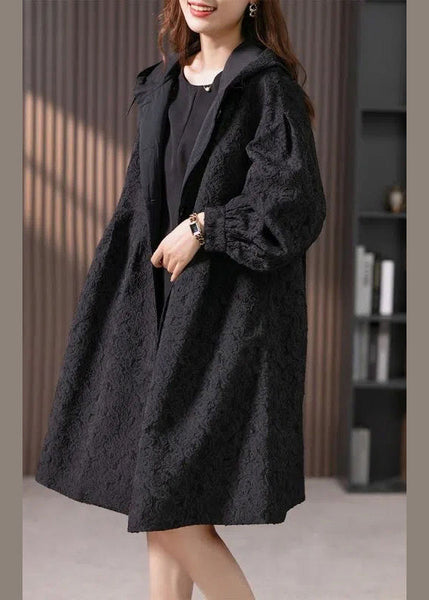 Jacquard Black Button Hooded Long Coats Jacket LY1741