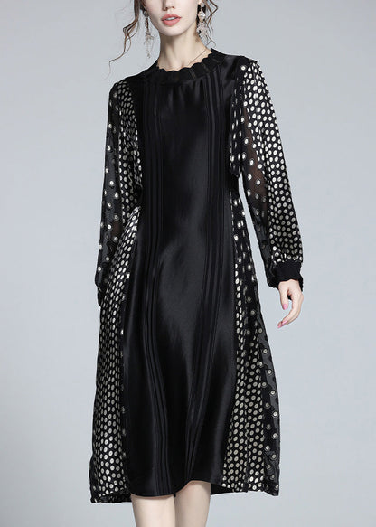 Jacquard Black O-Neck Patchwork Dot Party Long Dress Long Sleeve LY1047