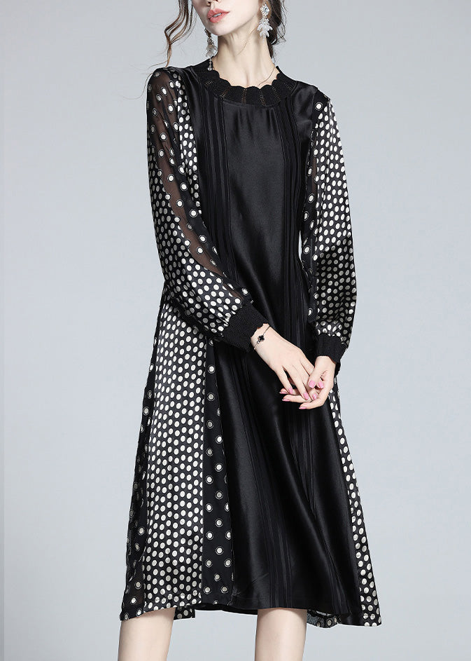 Jacquard Black O-Neck Patchwork Dot Party Long Dress Long Sleeve LY1047