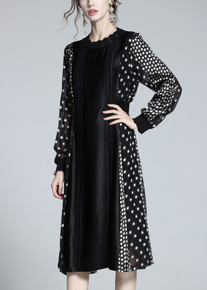 Jacquard Black O-Neck Patchwork Dot Party Long Dress Long Sleeve LY1047