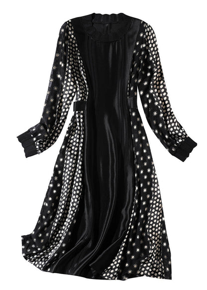 Jacquard Black O-Neck Patchwork Dot Party Long Dress Long Sleeve LY1047