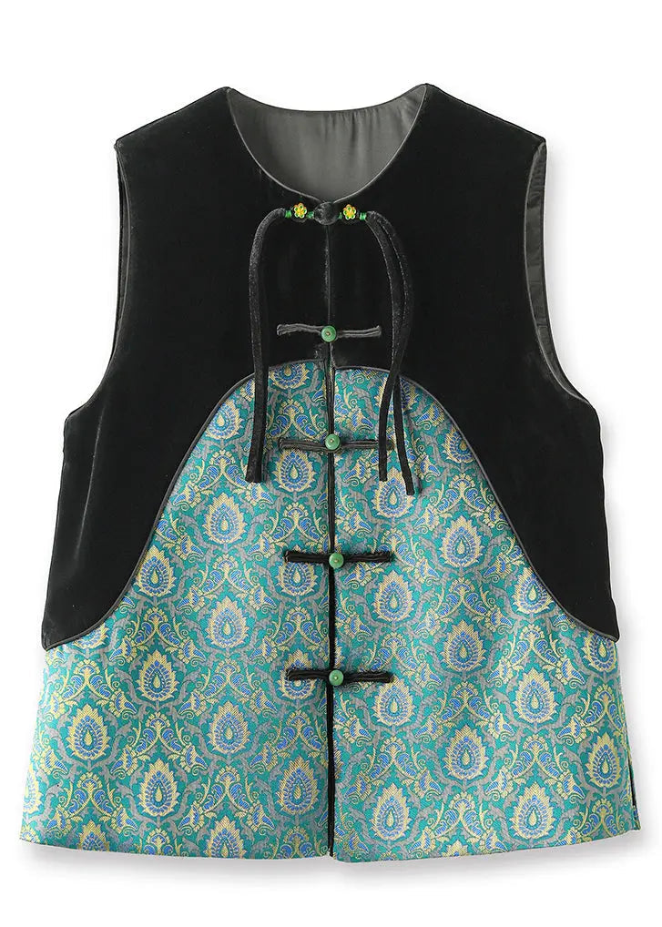 Jacquard Green O Neck Button Patchwork Silk Velour Waistcoat Sleeveless Ada Fashion