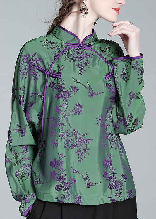 Jacquard Green Stand Collar Button Silk Shirt Spring LY0718