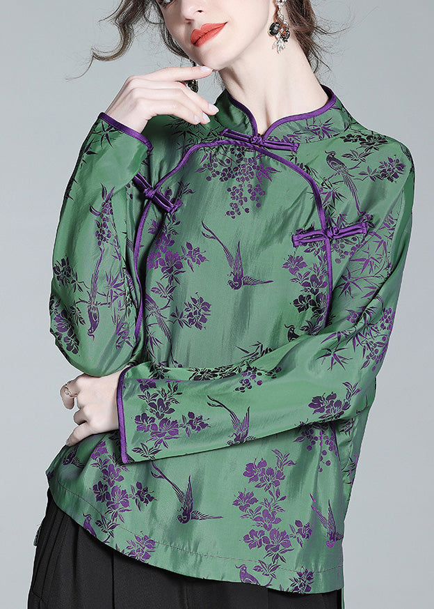 Jacquard Green Stand Collar Button Silk Shirt Spring LY0718