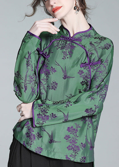 Jacquard Green Stand Collar Button Silk Shirt Spring LY0718