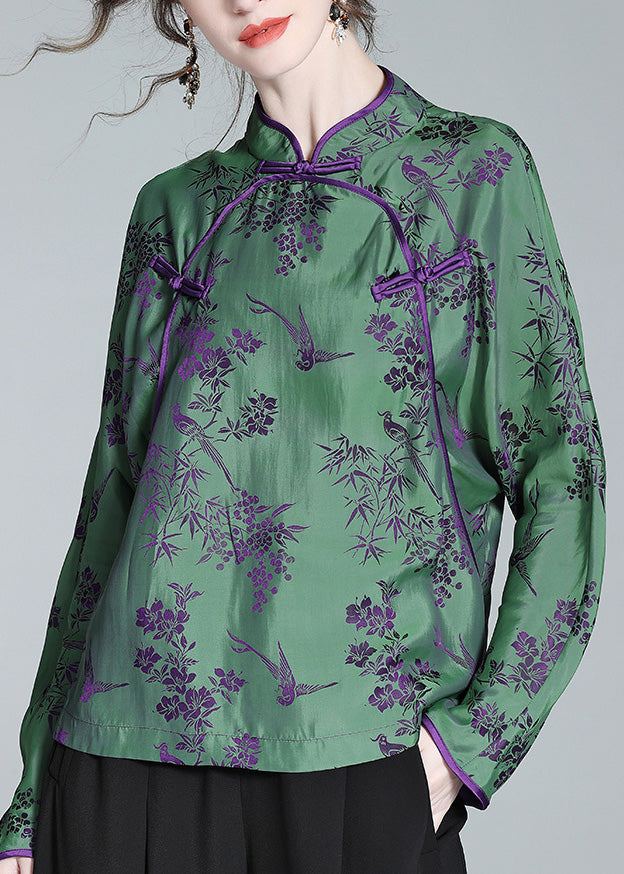 Jacquard Green Stand Collar Button Silk Shirt Spring LY0718