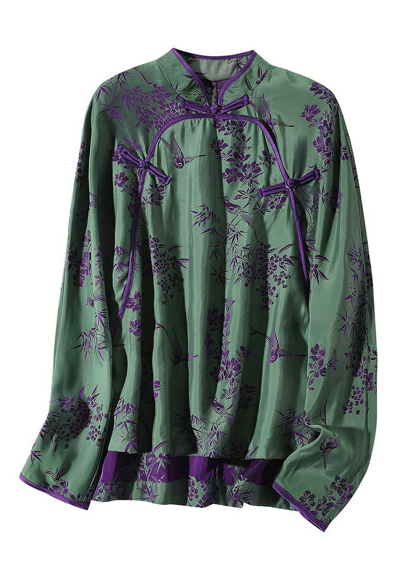 Jacquard Green Stand Collar Button Silk Shirt Spring LY0718