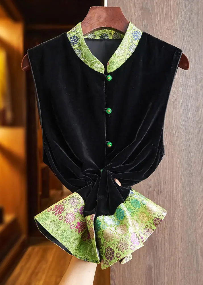 Jacquard Green Stand Collar Button Silk Velour Shirt Waistcoat Sleeveless Ada Fashion