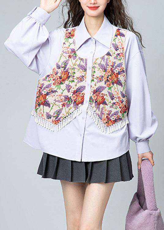 Jacquard Llight Purple Peter Pan Collar Print Tassel Button Shirt Puff Sleeve LY0803
