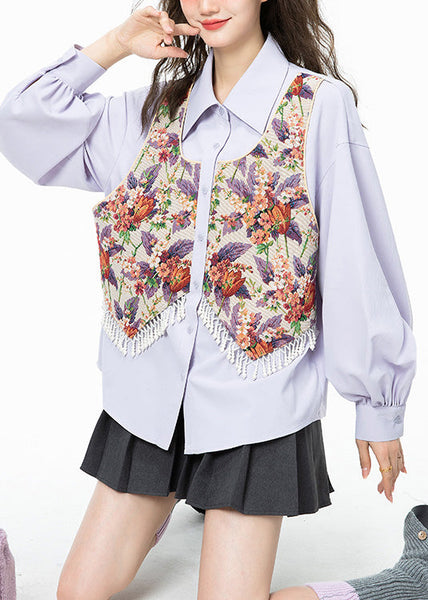 Jacquard Llight Purple Peter Pan Collar Print Tassel Button Shirt Puff Sleeve LY0803
