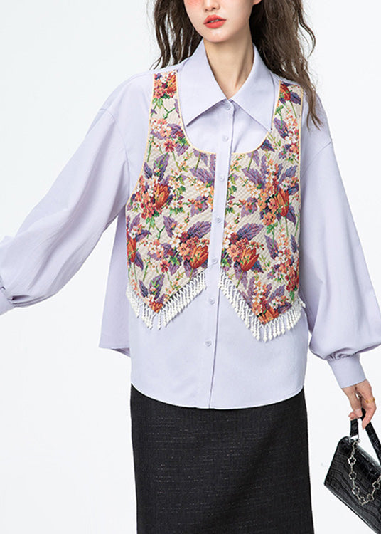 Jacquard Llight Purple Peter Pan Collar Print Tassel Button Shirt Puff Sleeve LY0803