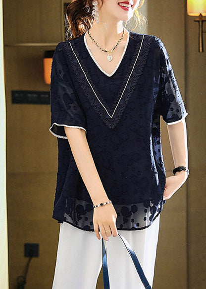 Jacquard Navy V Neck Patchwork Chiffon T Shirt Summer LY1516