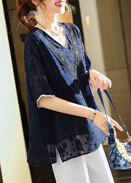 Jacquard Navy V Neck Patchwork Chiffon T Shirt Summer LY1516