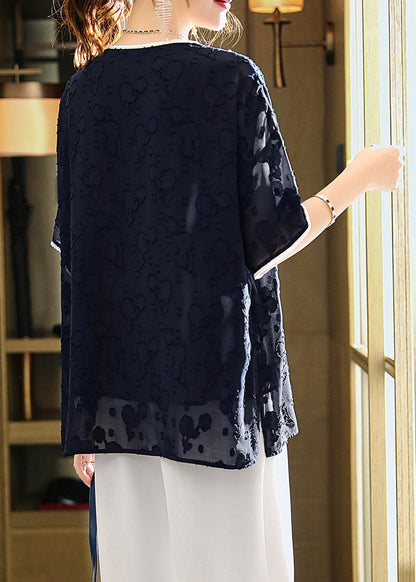 Jacquard Navy V Neck Patchwork Chiffon T Shirt Summer LY1516