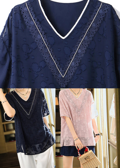 Jacquard Navy V Neck Patchwork Chiffon T Shirt Summer LY1516