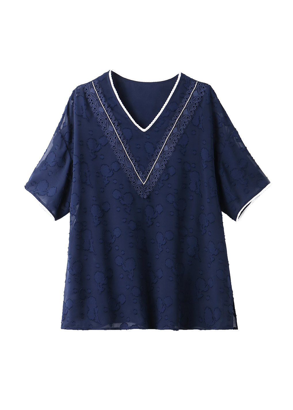 Jacquard Navy V Neck Patchwork Chiffon T Shirt Summer LY1516