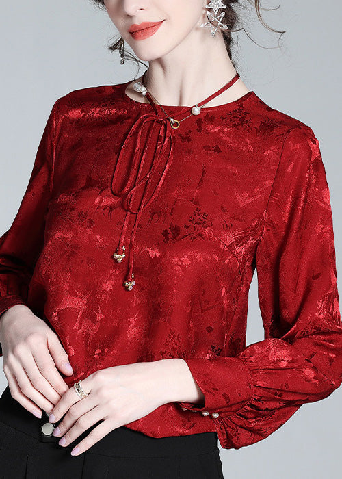 Jacquard Red O-Neck Neck TIie Silk Shirt Spring LY1020