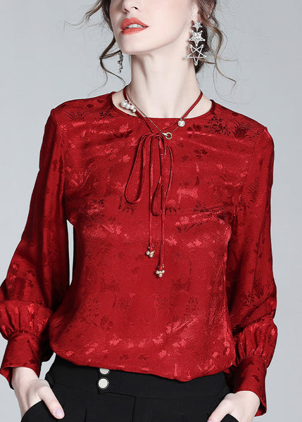 Jacquard Red O-Neck Neck TIie Silk Shirt Spring LY1020