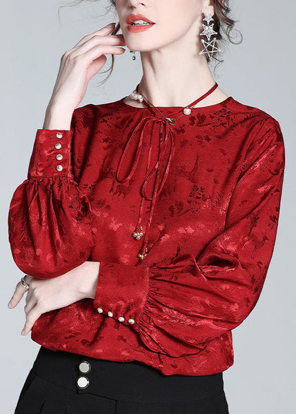 Jacquard Red O-Neck Neck TIie Silk Shirt Spring LY1020
