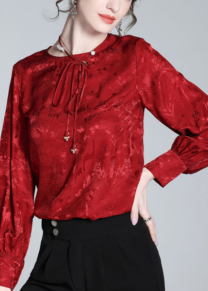 Jacquard Red O-Neck Neck TIie Silk Shirt Spring LY1020